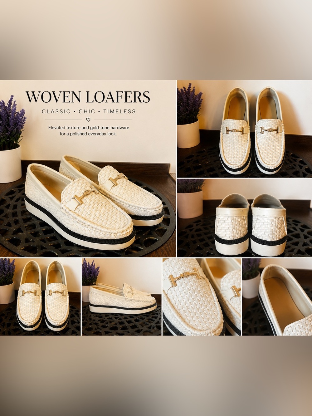 Woven Cream Leather Loafers with Gold Horsebit Trim